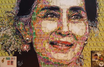 Zwe-Yan-Naing-Aung-San-Suu-Kyi-(2)-(2018)-24x36-stamp-collage-on-canvas