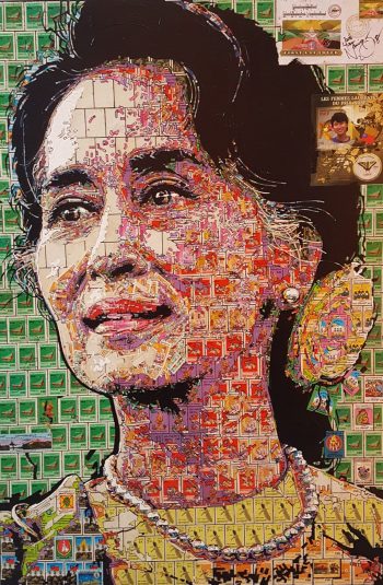 Zwe-Yan-Naing-Aung-San-Suu-Kyi-(3)-(2018)-24x36-stamp-collage-on-canvas