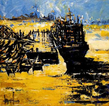 Moe-Kyaw-Thant-Morning-Sunshine-of-Yangon-Jetty-(2019)-24x24-Acrylic